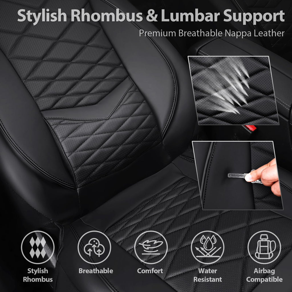 Water Resistant Faux Leather Seat Covers Full Set with Lumbar Support Solid Black E475