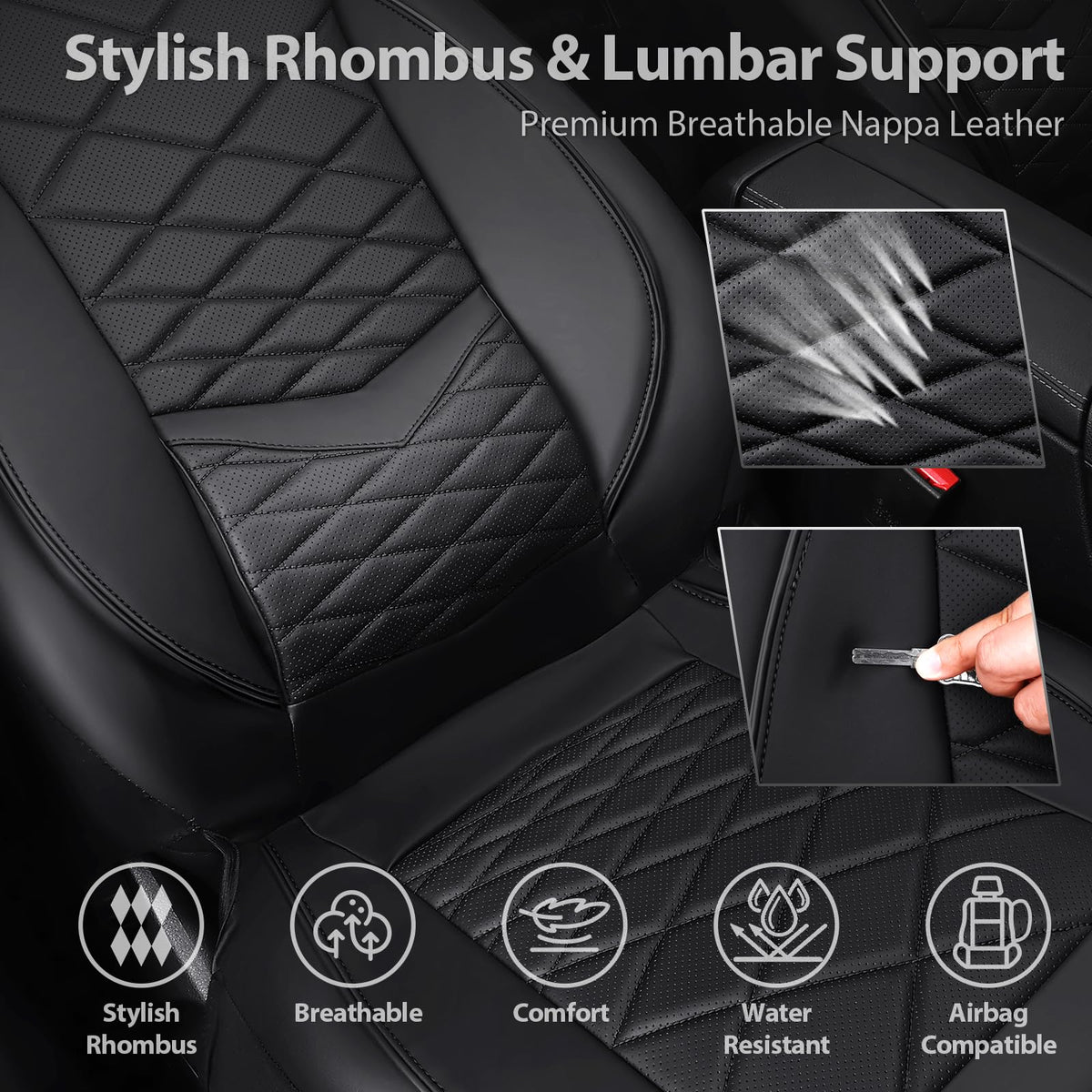 Water Resistant Faux Leather Seat Covers Full Set with Lumbar Support Solid Black E475