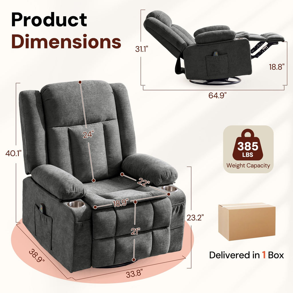 Grey Chenille Swivel Rocker Recliner with Massage and Heat H524