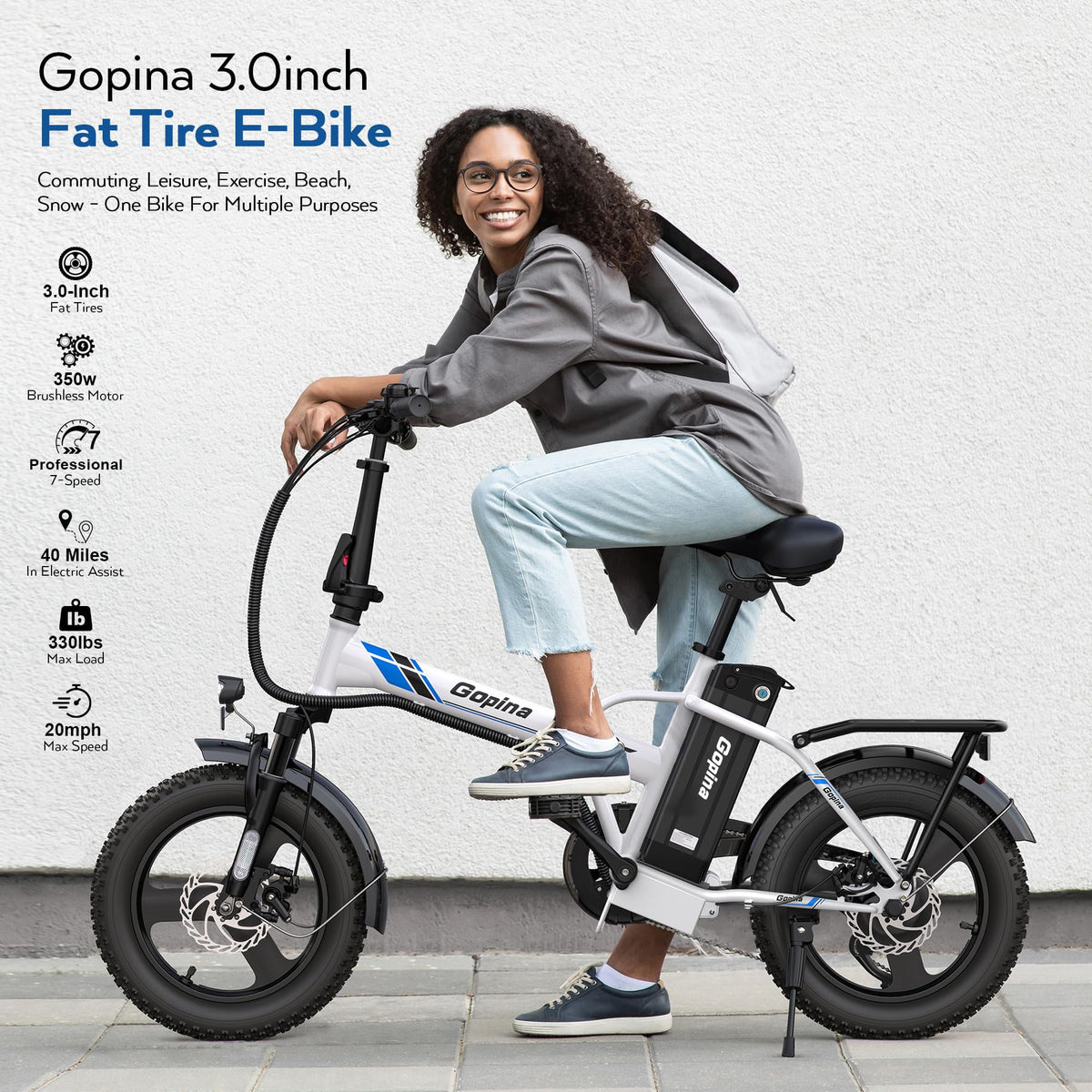 Peak 500W Step Over Electric Bicycle, 16" x 3.0 Fat Tire, 48V Removable Battery, 7 Speed P88844