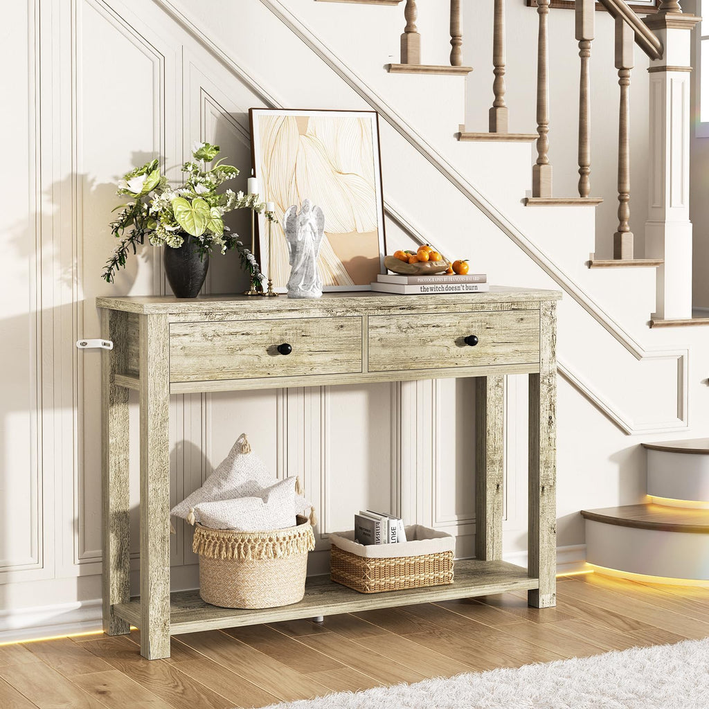 32 Inch Light Rustic Oak Console Table with 2 Drawers O390309