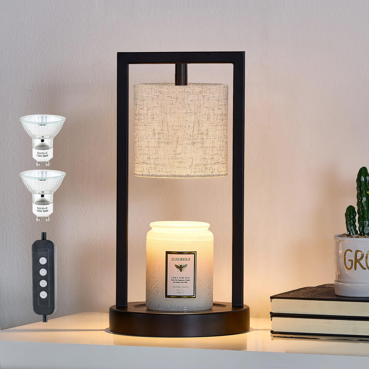 Black Candle Warmer Lamp with Timer, Linen Fabric Shade, 3-Level Dimmable G92547