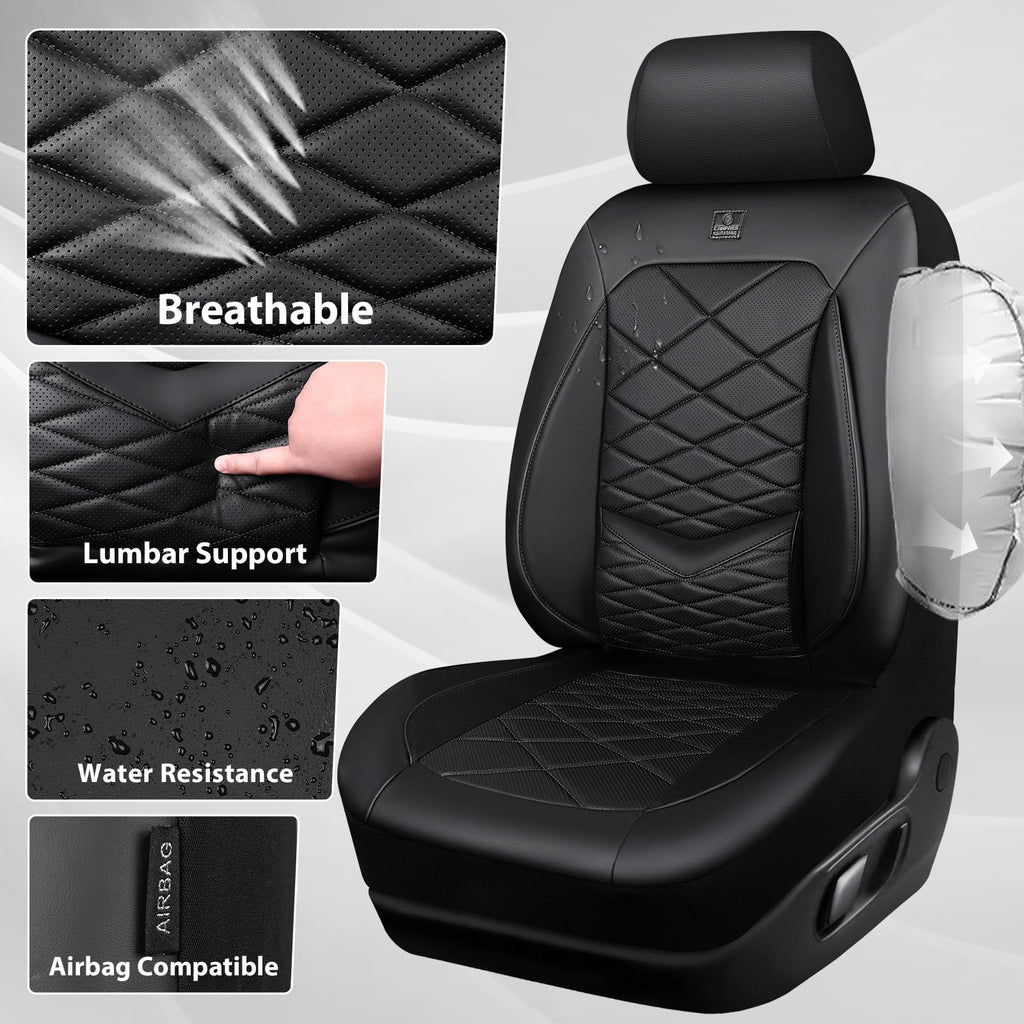 Water Resistant Faux Leather Seat Covers Full Set with Lumbar Support Solid Black E475
