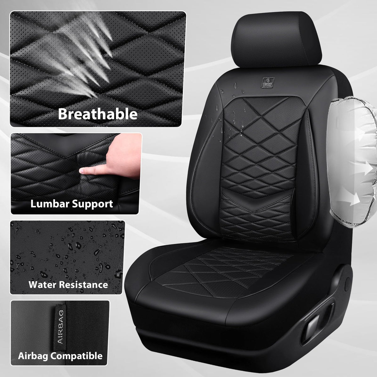 Water Resistant Faux Leather Seat Covers Full Set with Lumbar Support Solid Black E475