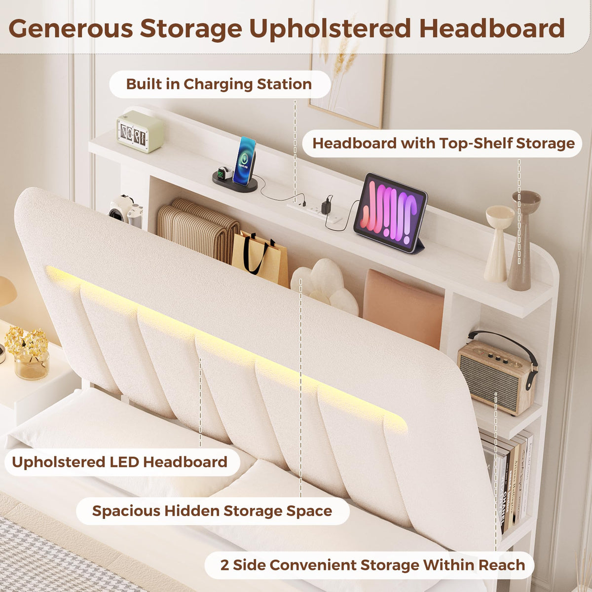 White Upholstered Storage Bed Frame Full Size with Drawers and Charging Station L6784