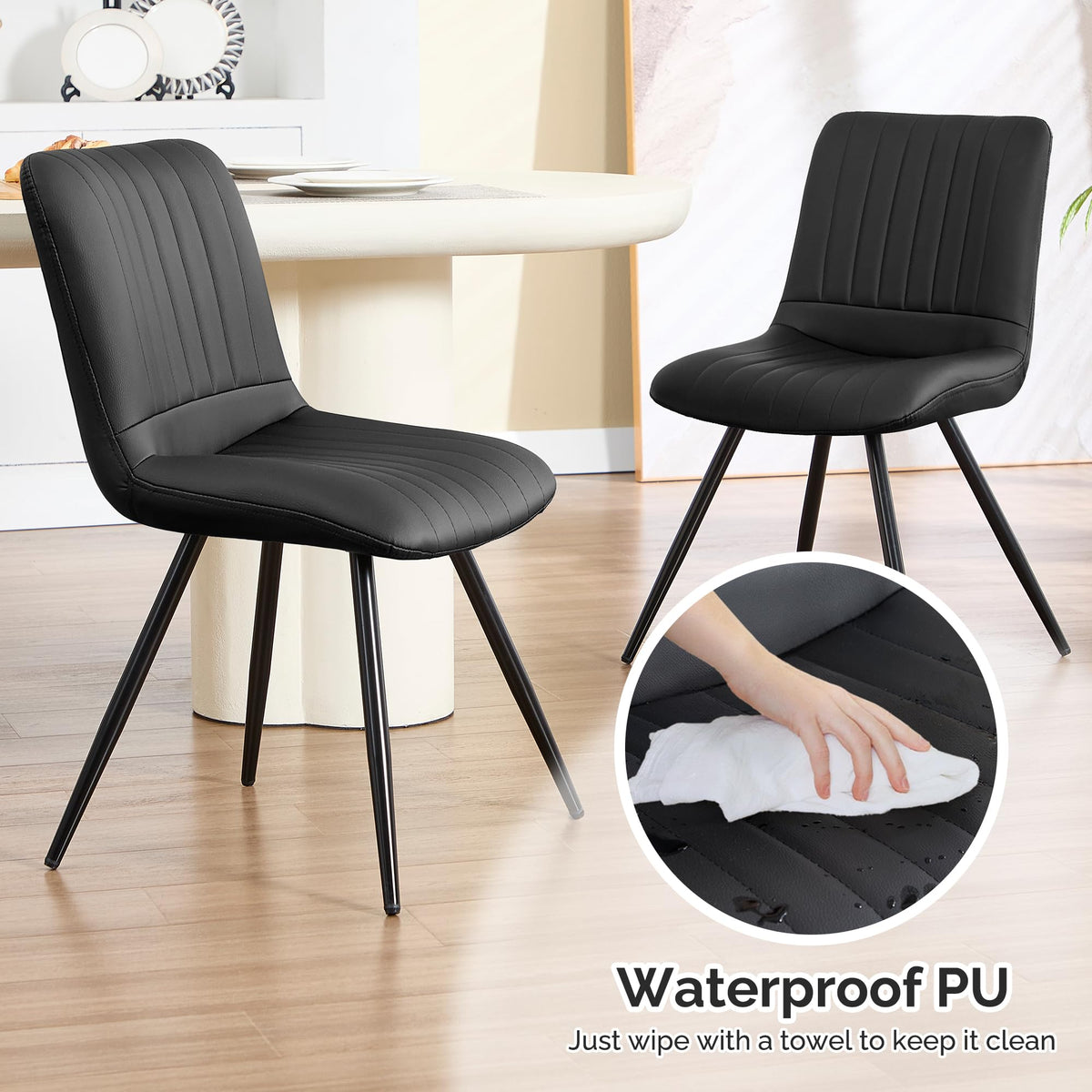 Black Dining Chairs Set of 4 PU Leather Metal Legs T221760