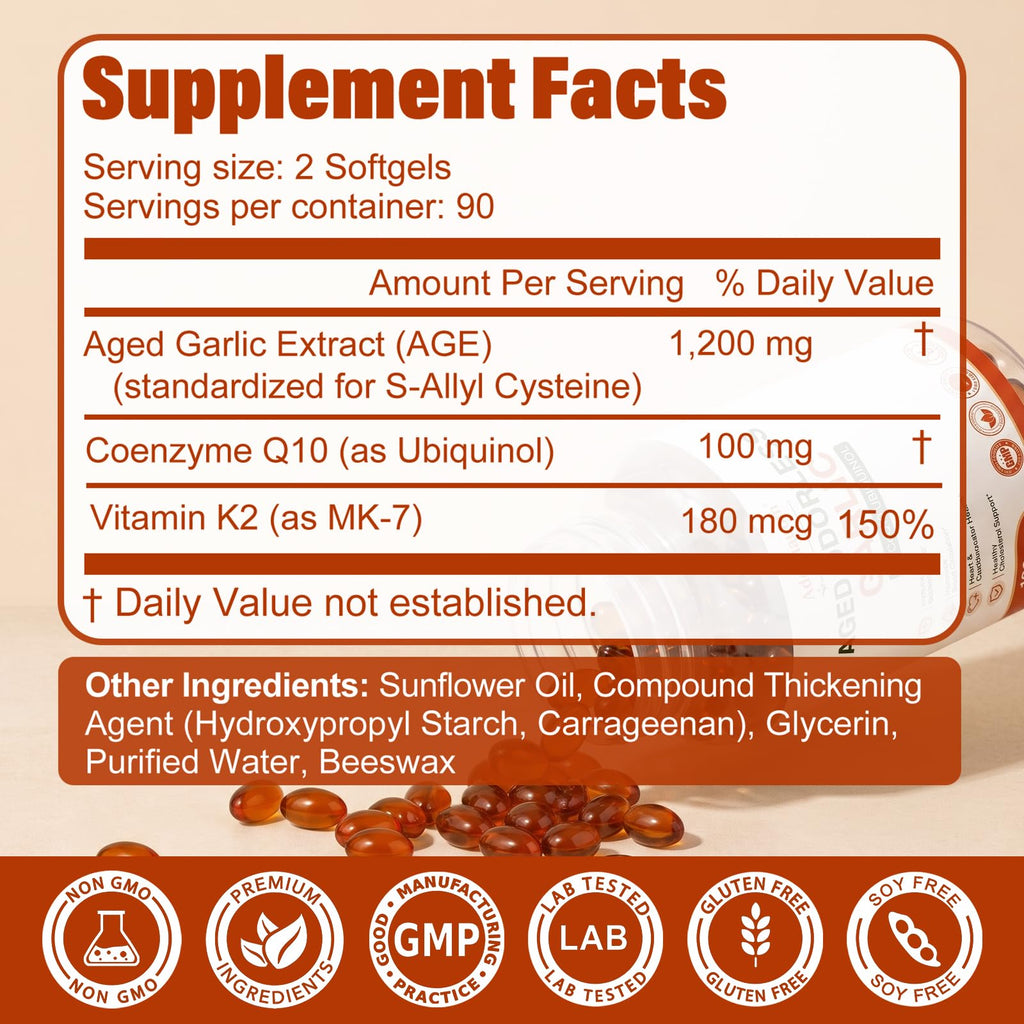Aged Garlic Extract 1200 mg Softgels with CoQ10 Ubiquinol & Vitamin K2 180 Counts D739