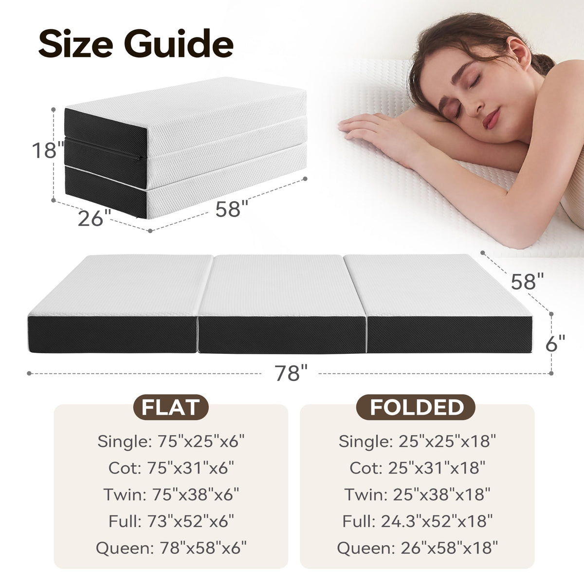 6 Inch Tri Fold Memory Foam Queen Mattress with Washable Cover Q74616