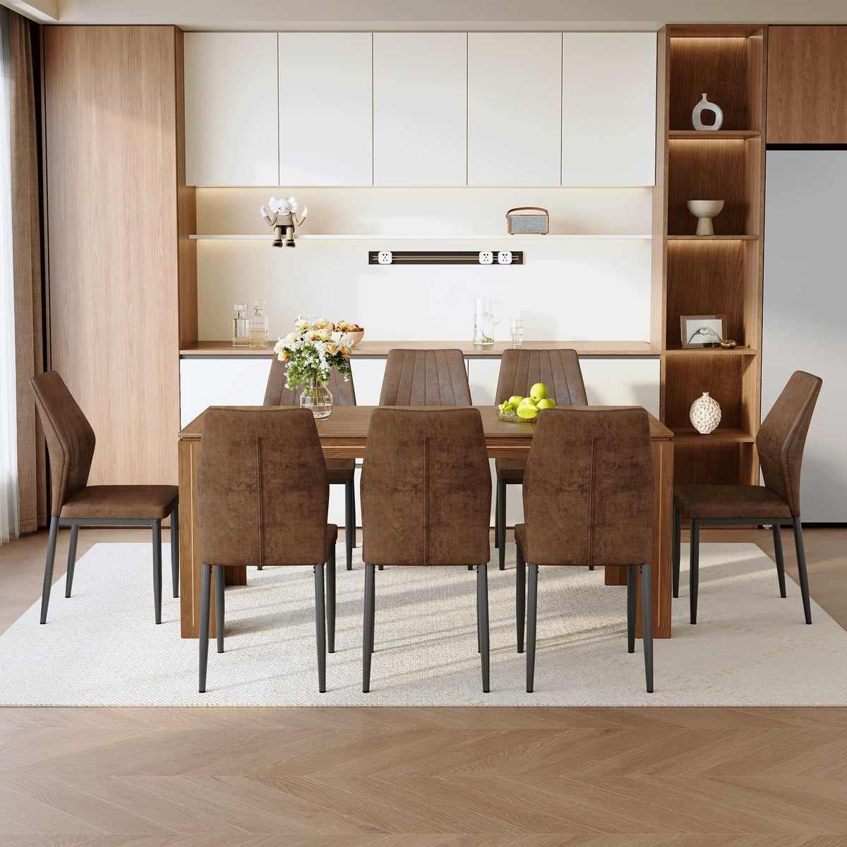 Walnut Dining Table Set with 8 Brown Fabric Chairs X191