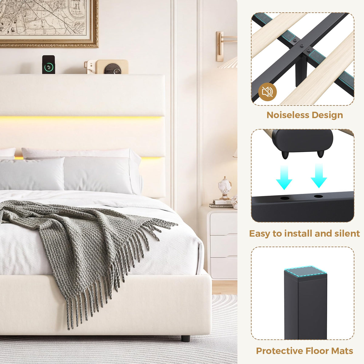 Beige Queen Size Bed Frame with 2 Storage Drawers Q6148