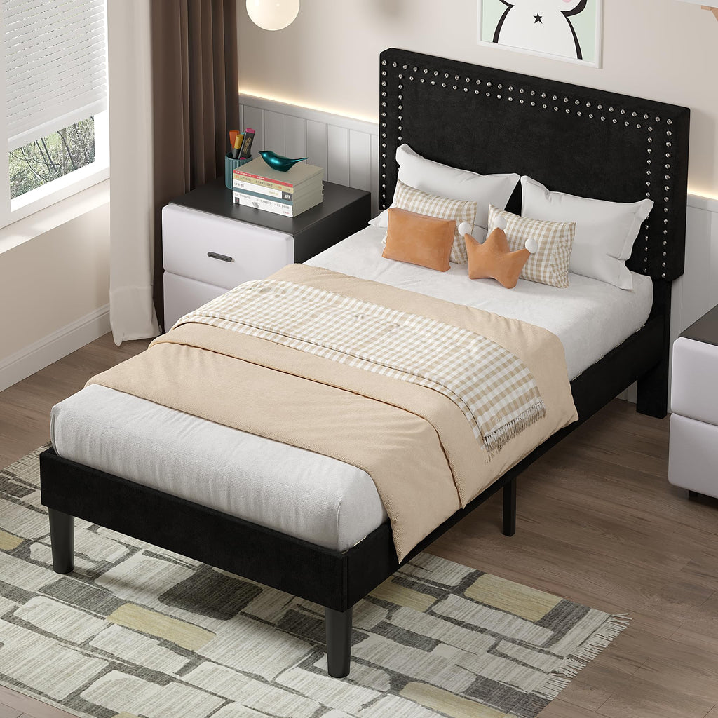 Twin Size Black Platform Bed Frame with Adjustable Upholstered Headboard J582
