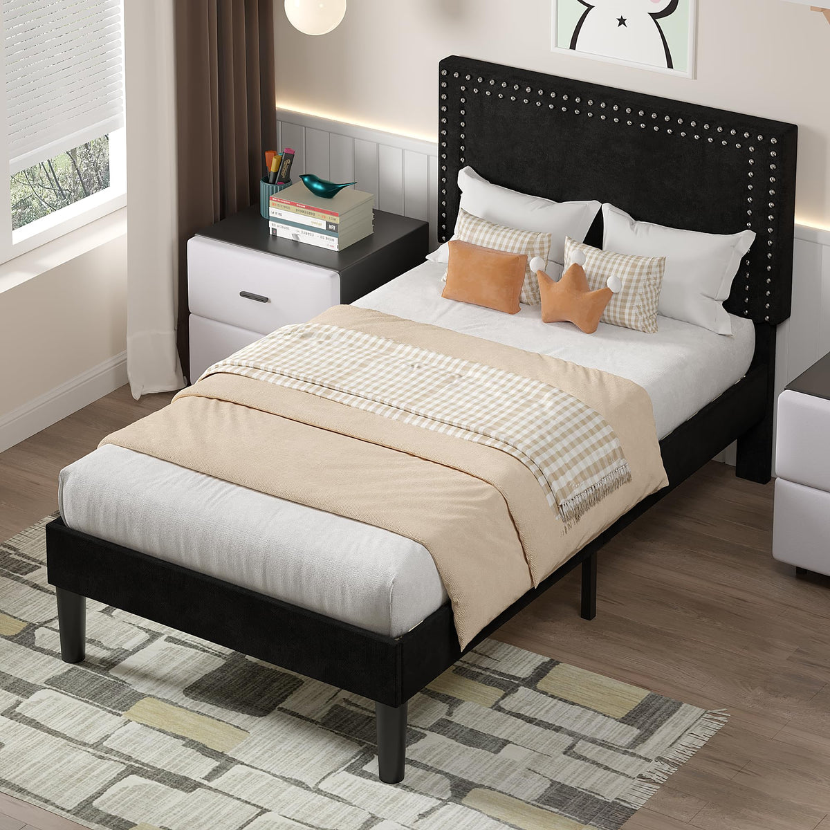 Twin Size Black Platform Bed Frame with Adjustable Upholstered Headboard J582