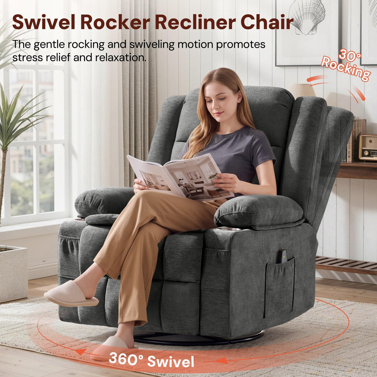 Grey Chenille Swivel Rocker Recliner with Massage and Heat H524