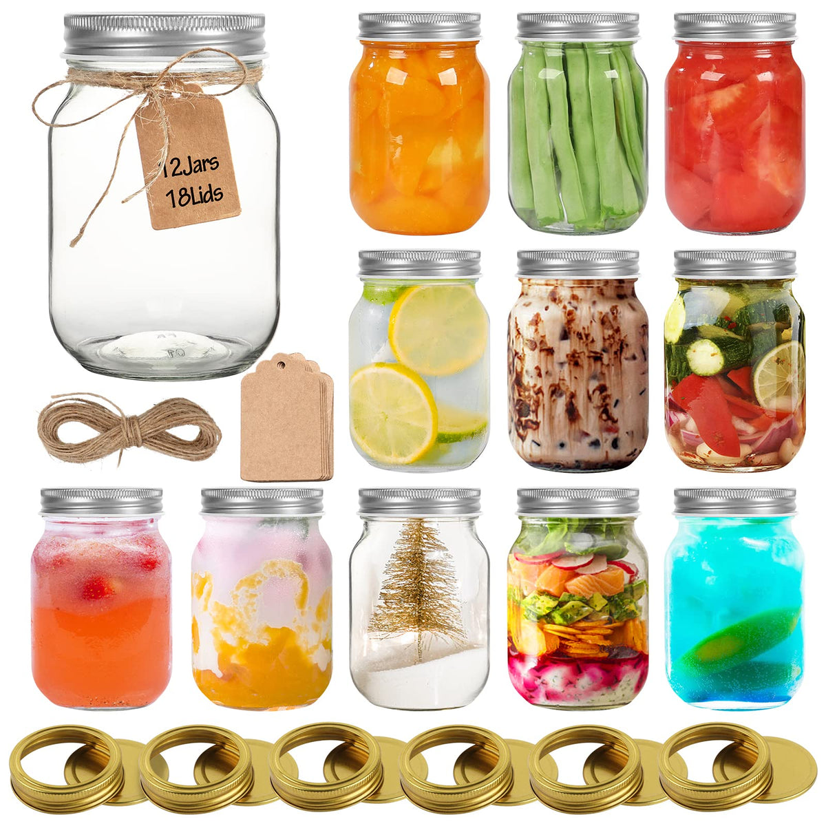 16 oz Wide Mouth Glass Mason Jars 12 Pack with Lids U6186