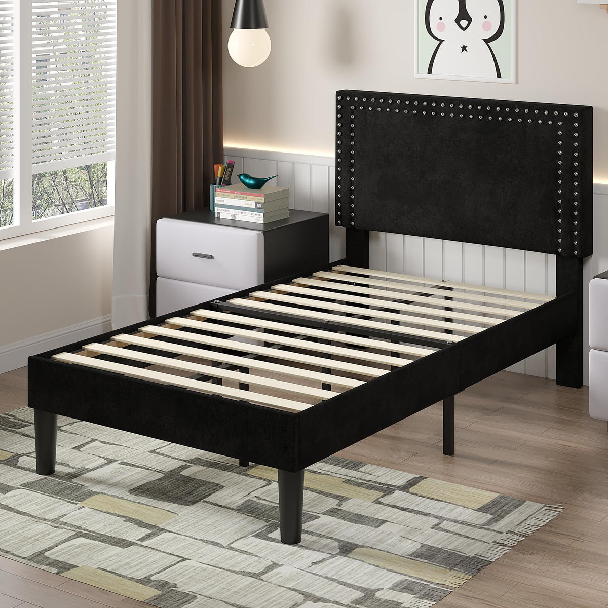 Twin Size Black Platform Bed Frame with Adjustable Upholstered Headboard J582