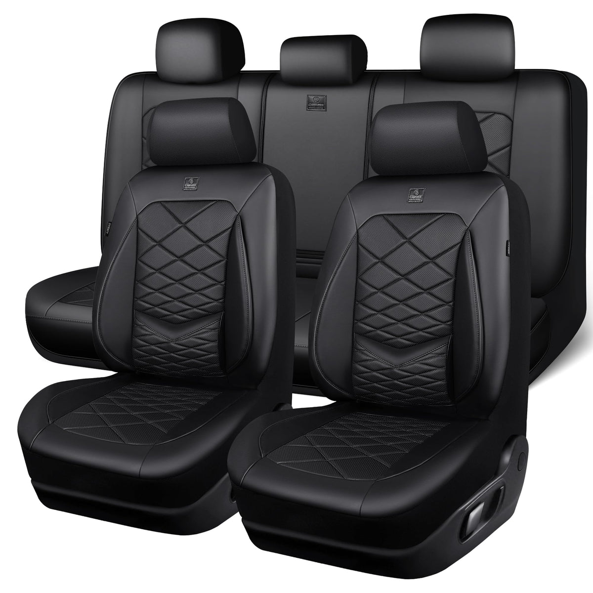 Water Resistant Faux Leather Seat Covers Full Set with Lumbar Support Solid Black E475