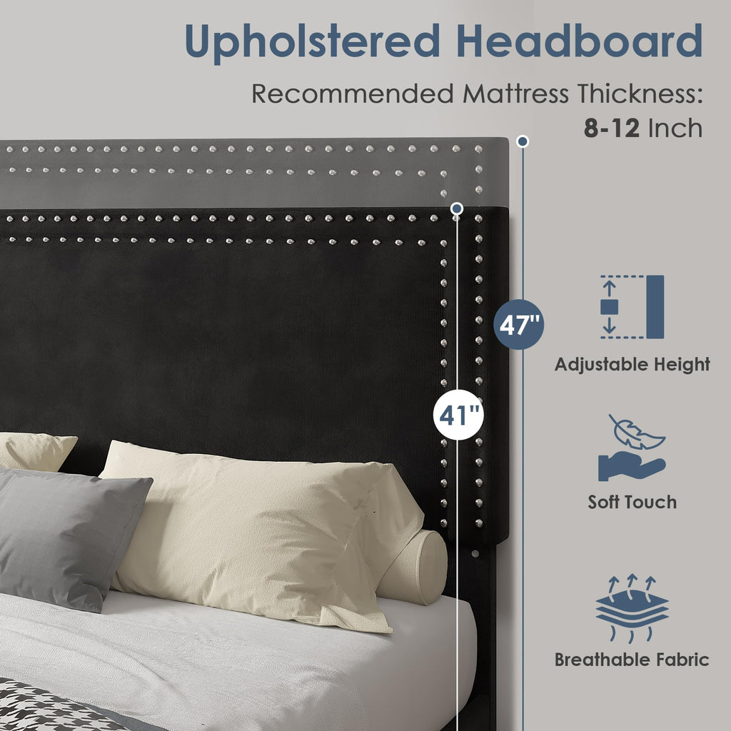 Twin Size Black Platform Bed Frame with Adjustable Upholstered Headboard J582