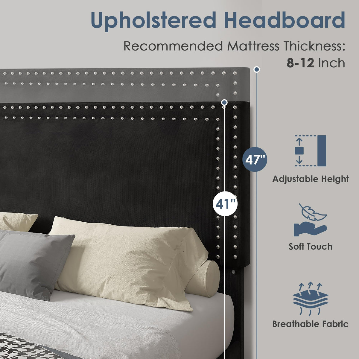 Twin Size Black Platform Bed Frame with Adjustable Upholstered Headboard J582