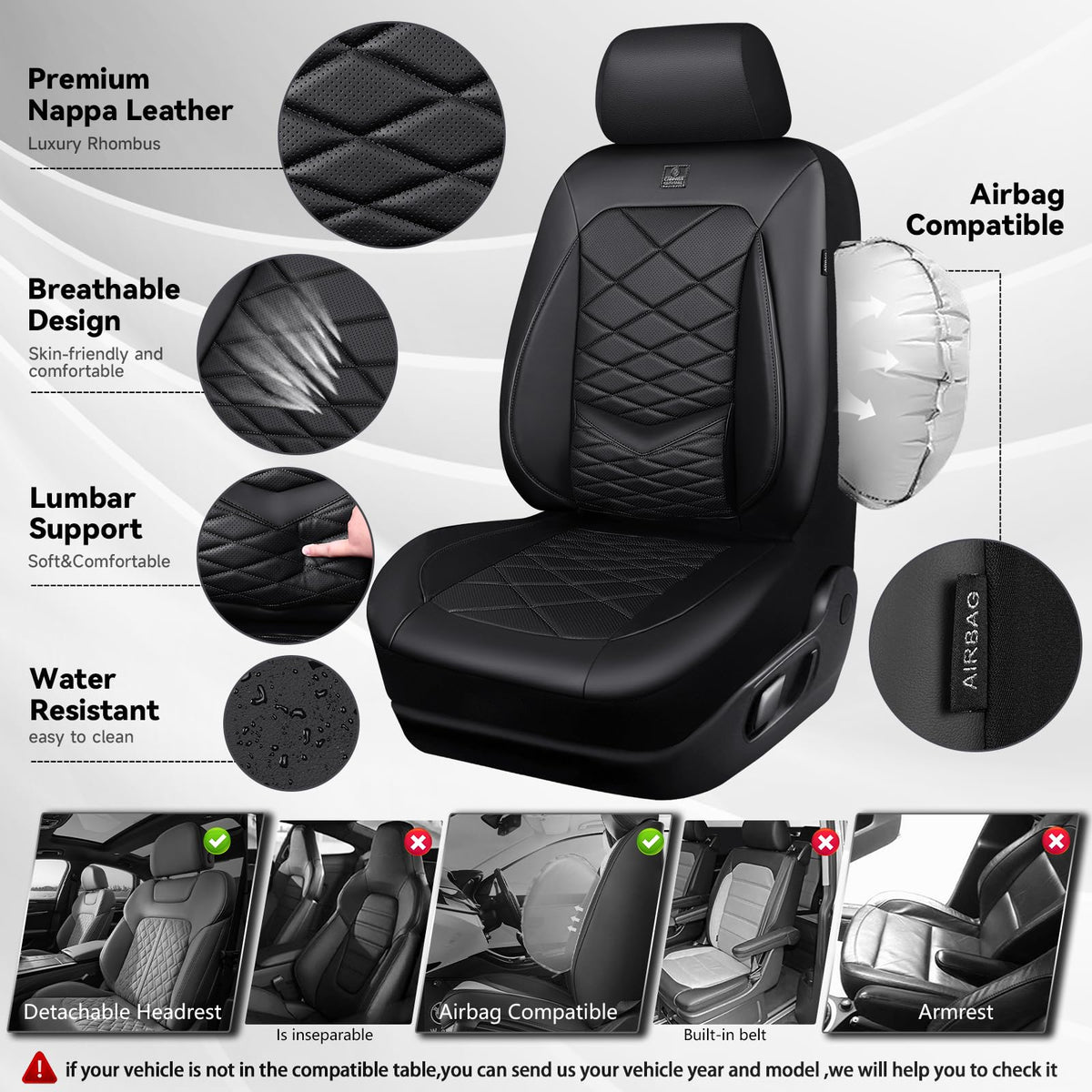 Water Resistant Faux Leather Seat Covers Full Set with Lumbar Support Solid Black E475