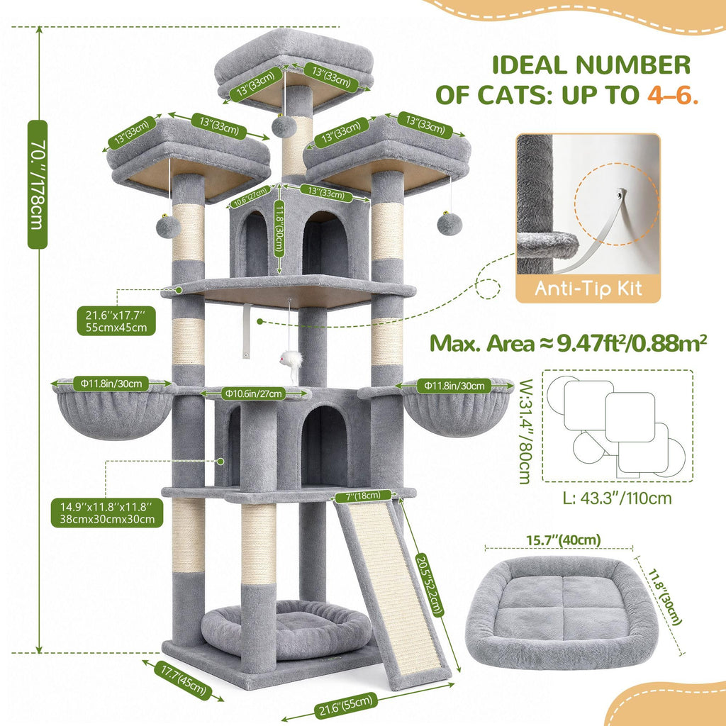 70 Inch Light Grey Cat Tree with Scratching Post W385352