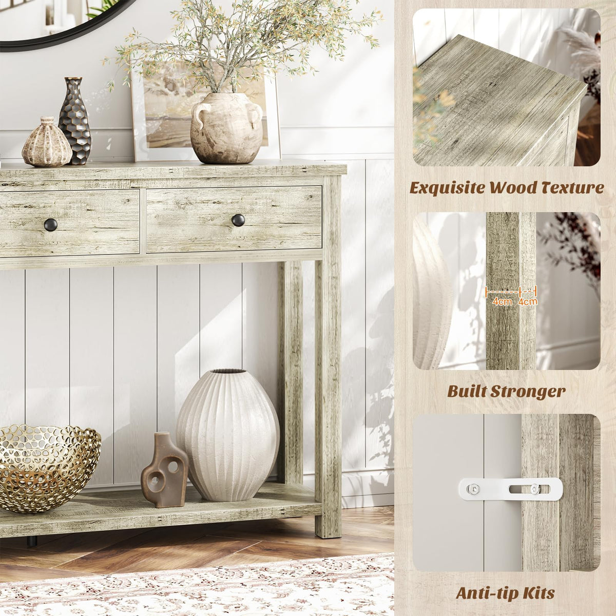 32 Inch Light Rustic Oak Console Table with 2 Drawers O390309