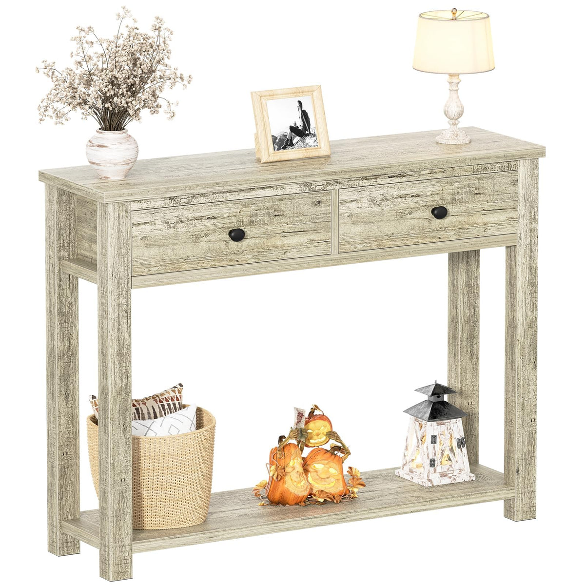 32 Inch Light Rustic Oak Console Table with 2 Drawers O390309