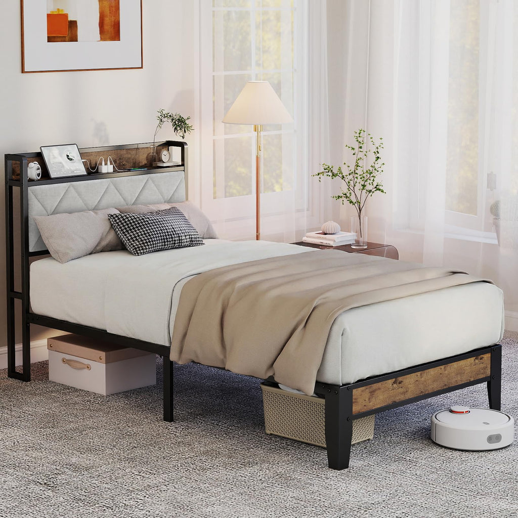 Twin Platform Bed Frame with USB Charging Ports L5688