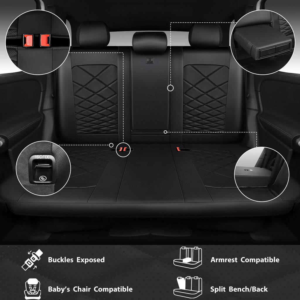 Water Resistant Faux Leather Seat Covers Full Set with Lumbar Support Solid Black E475