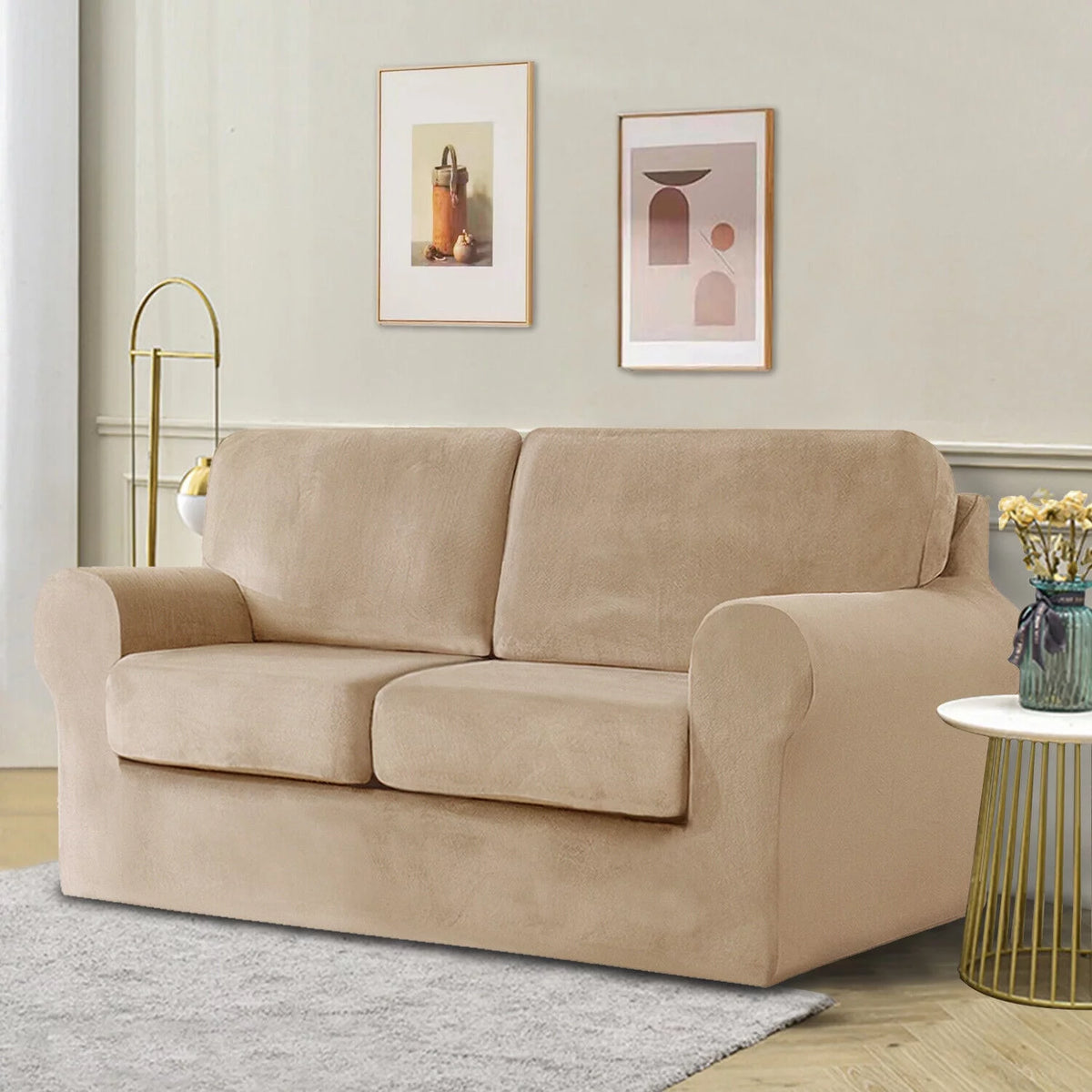 Khaki 5 Piece Stretch Velvet Sofa Cover R4477
