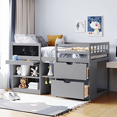 White Twin Size Wood Loft Bed with Desk and Drawers N7934