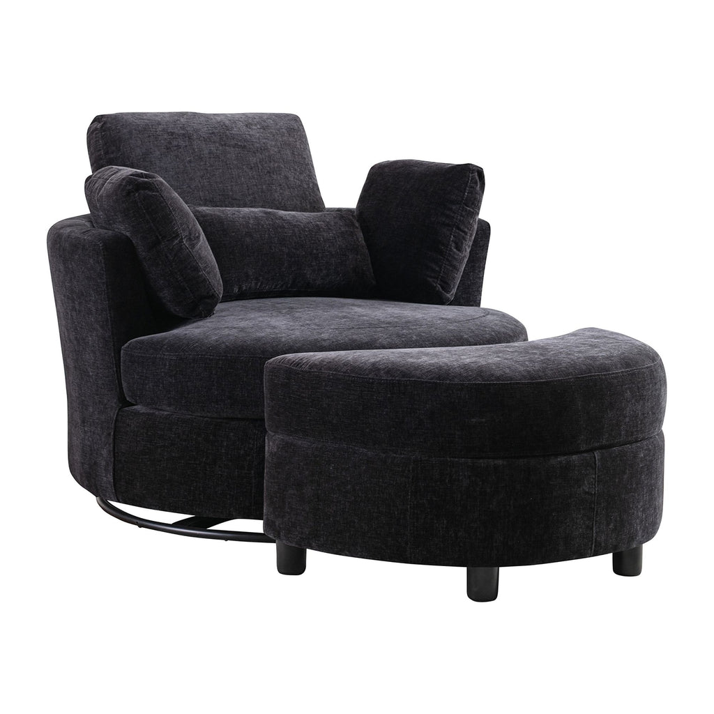 Black Combo Swivel Accent Barrel Chair with Chenille Upholstered Storage Bench Ottoman F497961
