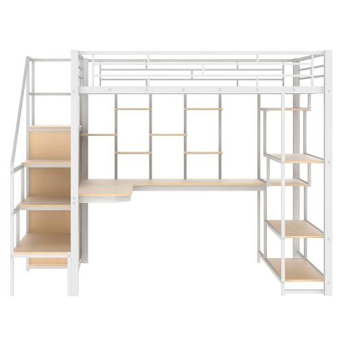 Full Size Black Metal Loft Bed with Desk, Wardrobe and Storage Stairs G45431