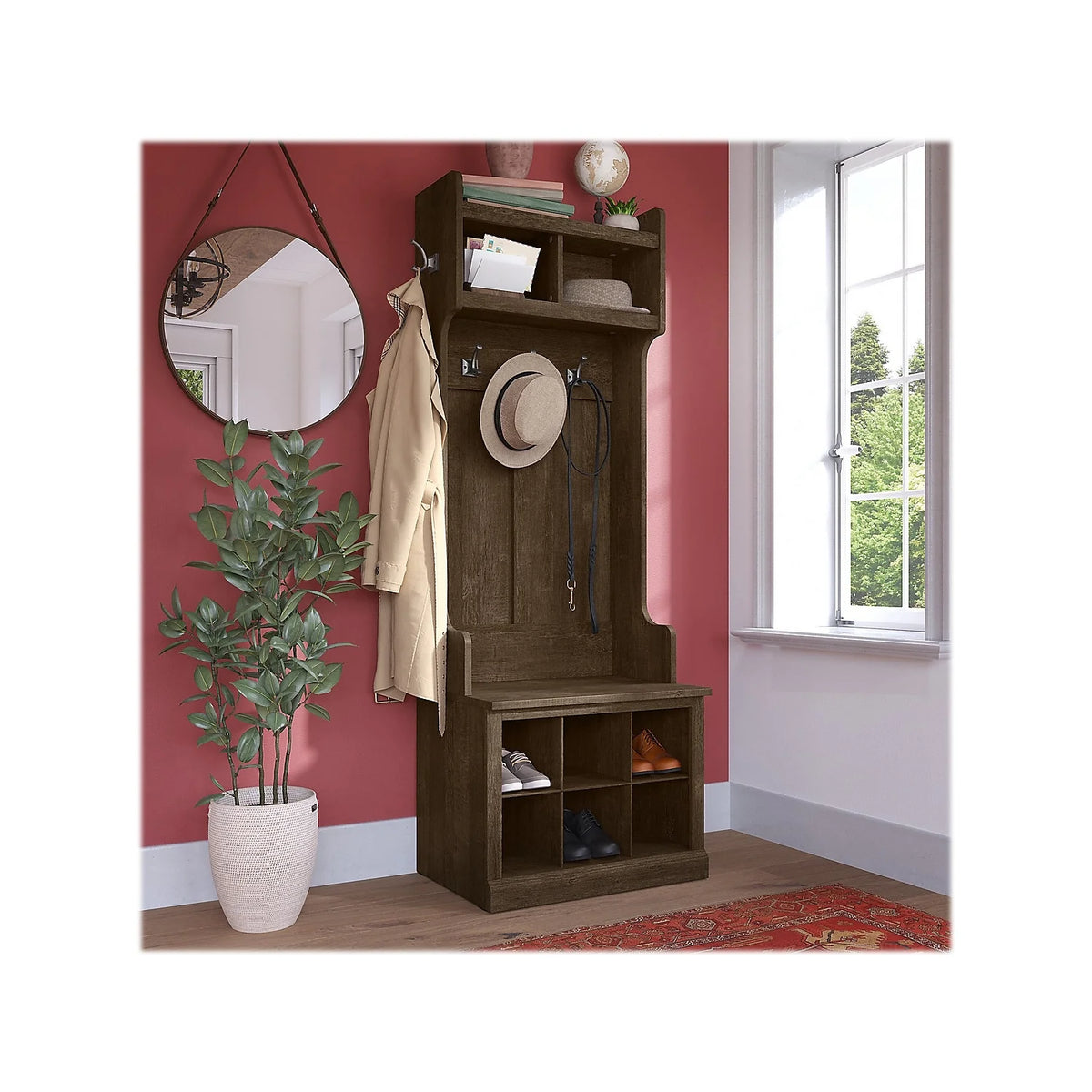 Ash Brown Engineered Wood Hall Tree & Shoe Bench with Shelves D8773