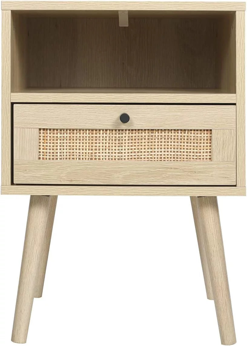Rattan End Table with 1 Drawer and Open Storage Shelf D644