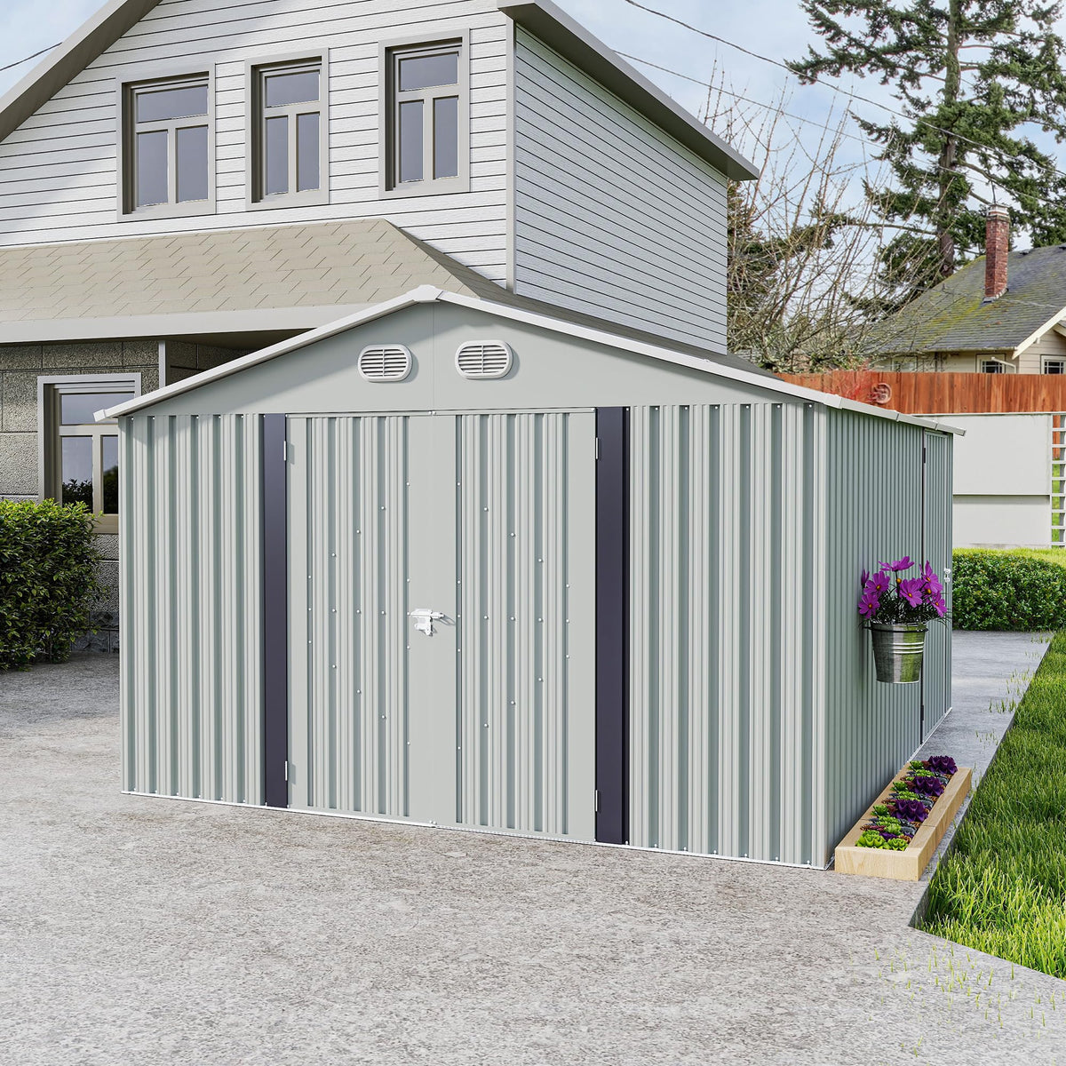 10x12 FT White Metal Storage Shed with Lockable Doors N609
