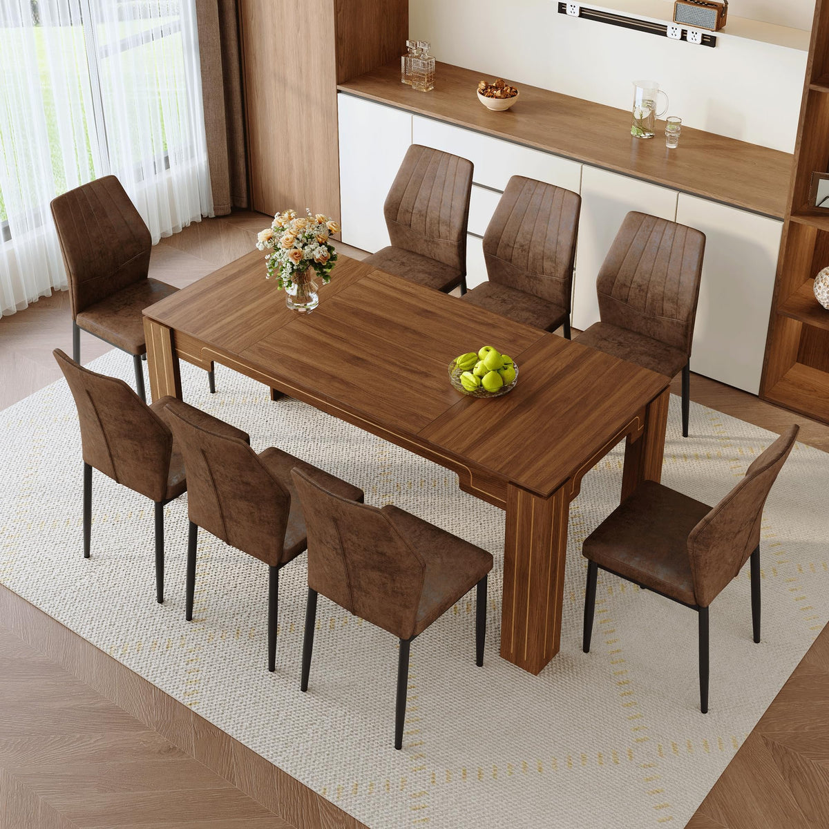 Walnut Dining Table Set with 8 Brown Fabric Chairs X191