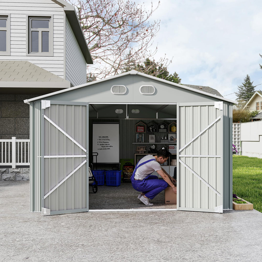 10x12 FT White Metal Storage Shed with Lockable Doors N609