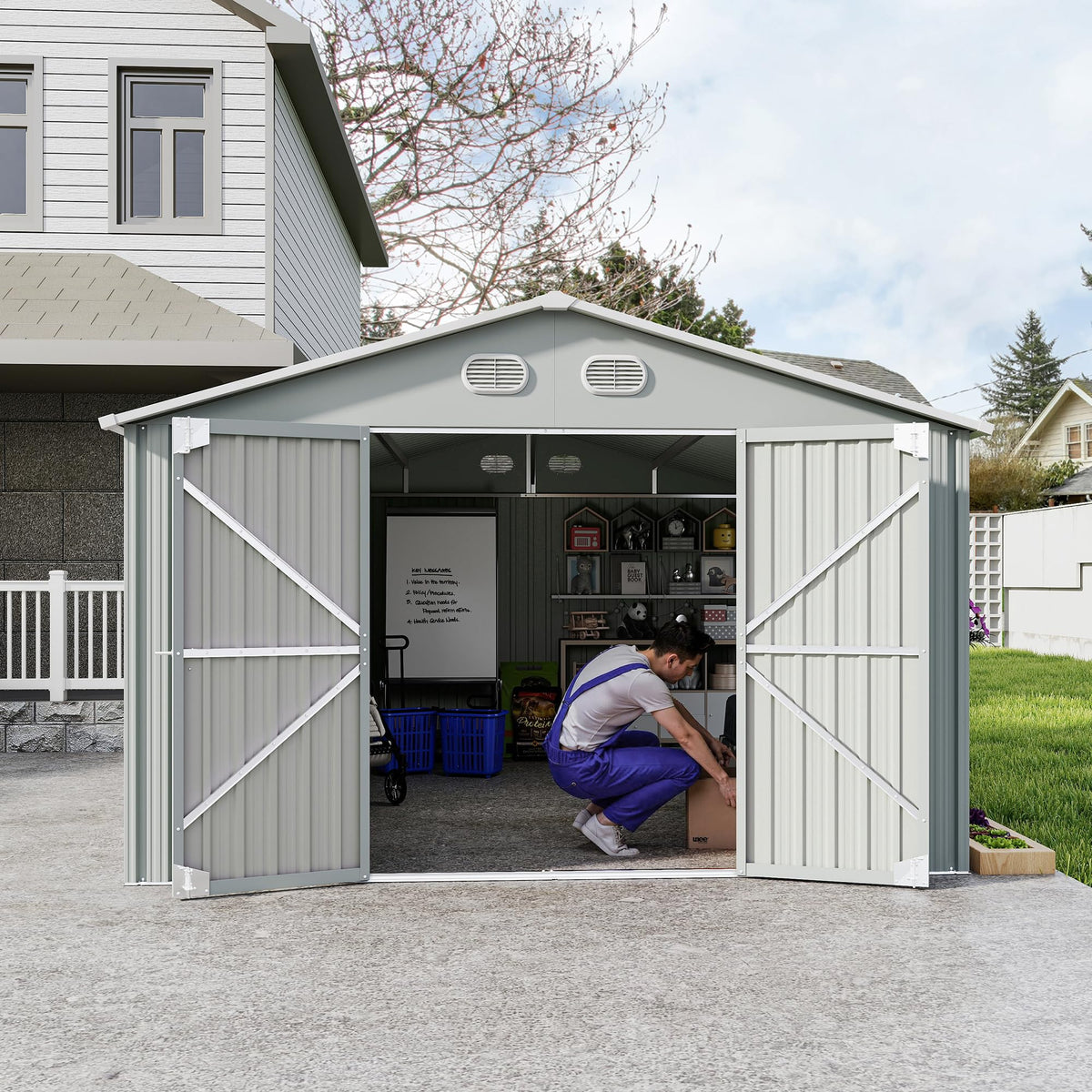 10x12 FT White Metal Storage Shed with Lockable Doors N609