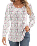 Puff Long Sleeve Tunic Tops Pleated Crew Neck Blouses G765