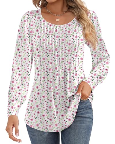 Puff Long Sleeve Tunic Tops Pleated Crew Neck Blouses G765