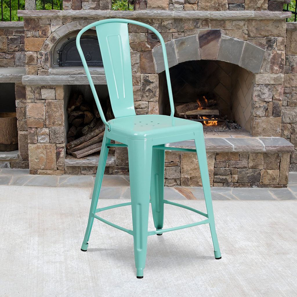 Mint Green Metal Counter Height Stool with Back J392