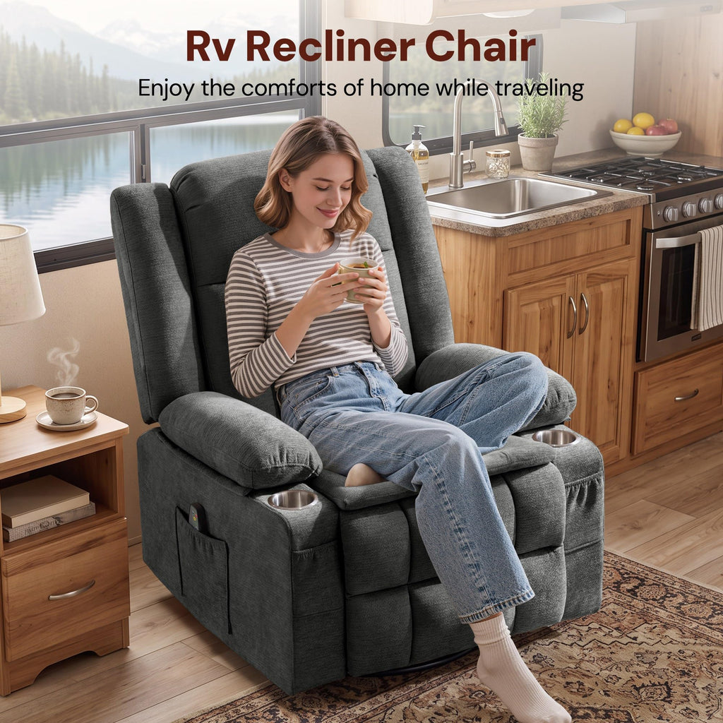 Grey Chenille Swivel Rocker Recliner with Massage and Heat H524