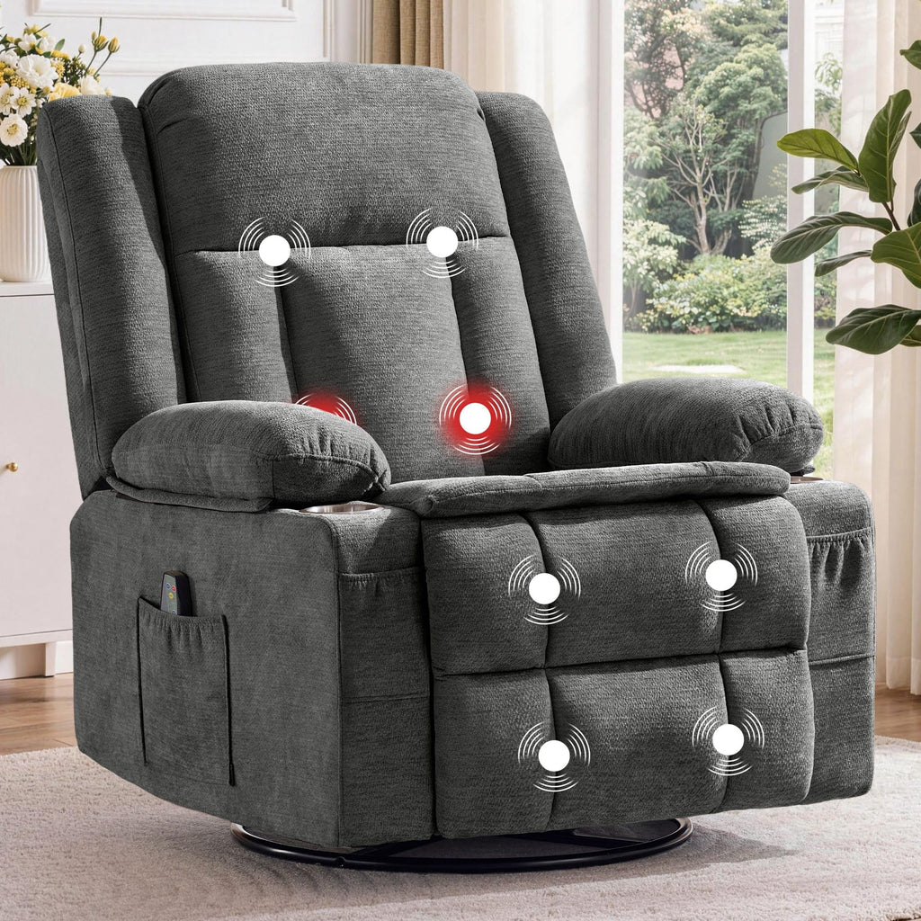 Grey Chenille Swivel Rocker Recliner with Massage and Heat H524