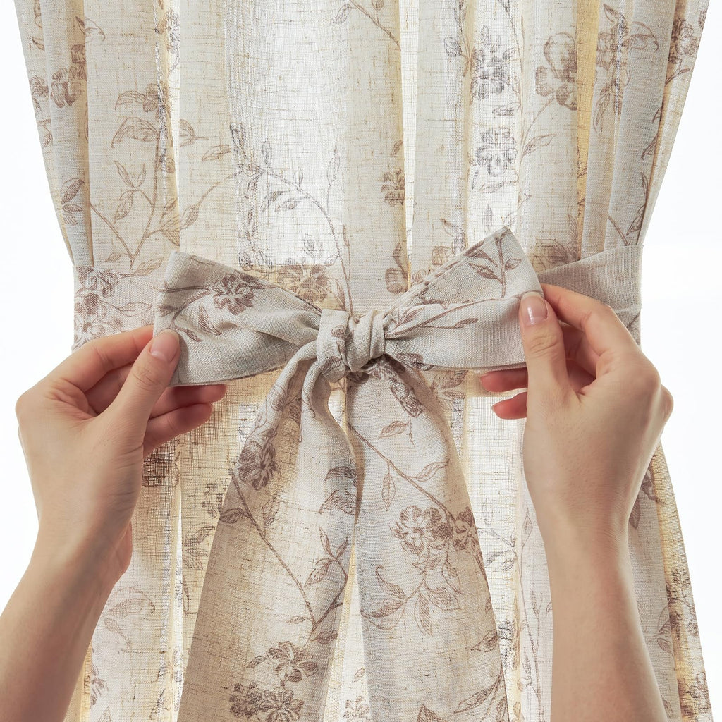 Taupe Linen Floral 72 Inch Rod Pocket Curtains 2 Panels D29799