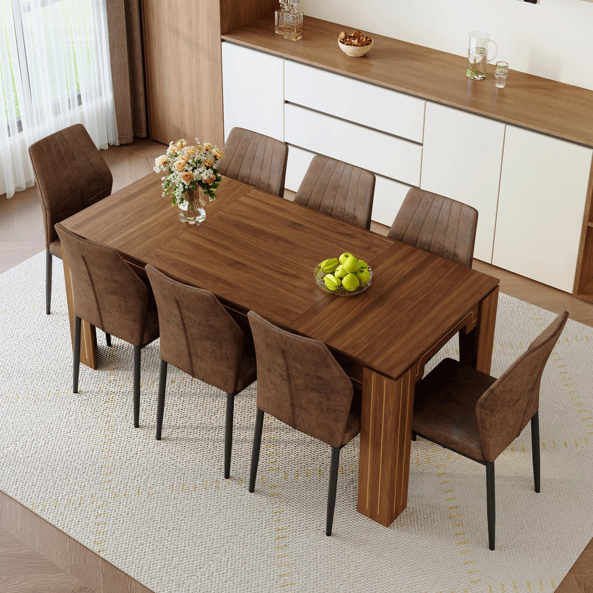 Walnut Dining Table Set with 8 Brown Fabric Chairs X191