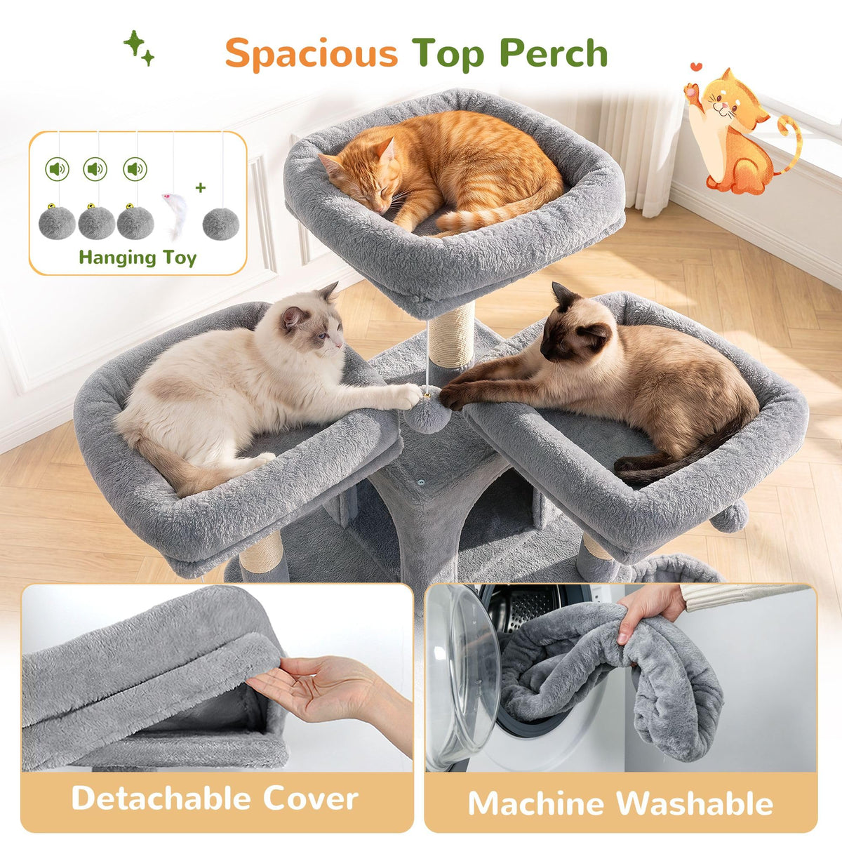 70 Inch Light Grey Cat Tree with Scratching Post W385352