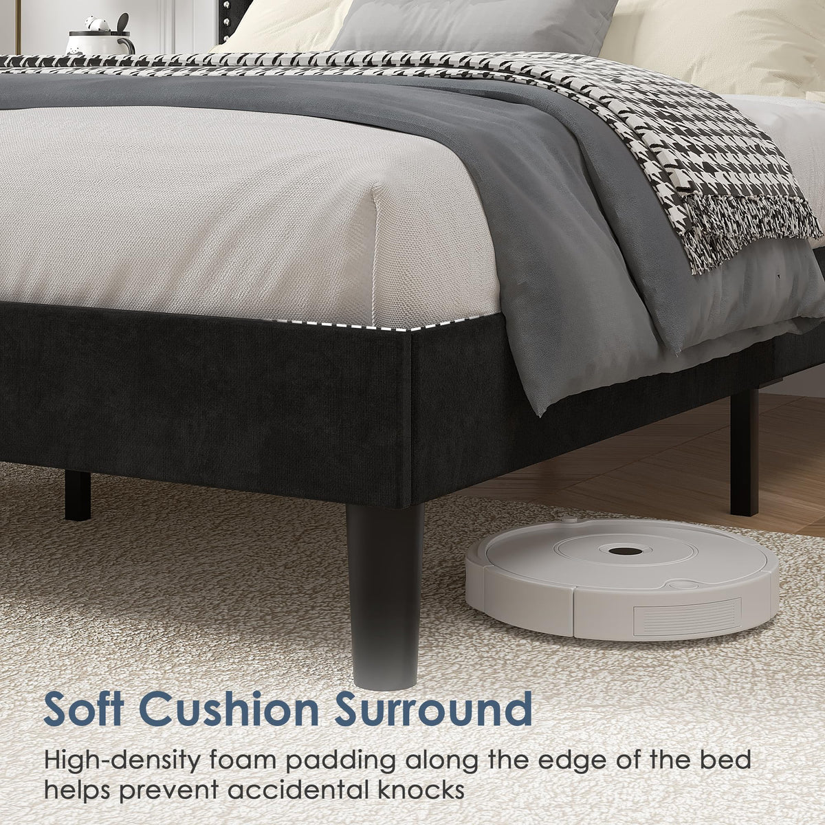 Twin Size Black Platform Bed Frame with Adjustable Upholstered Headboard J582