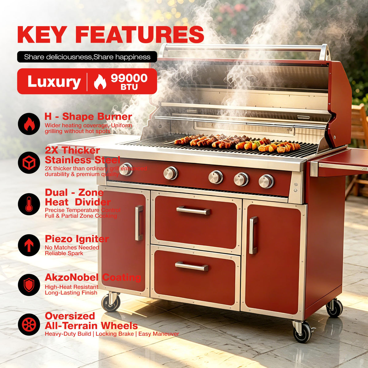 49" 5-Burner Red Propane Gas BBQ Grill Z958