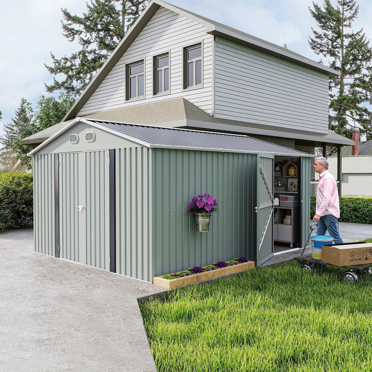 10x12 FT White Metal Storage Shed with Lockable Doors N609