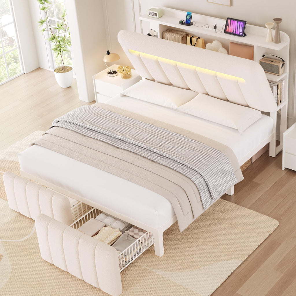 White Upholstered Storage Bed Frame Full Size with Drawers and Charging Station L6784